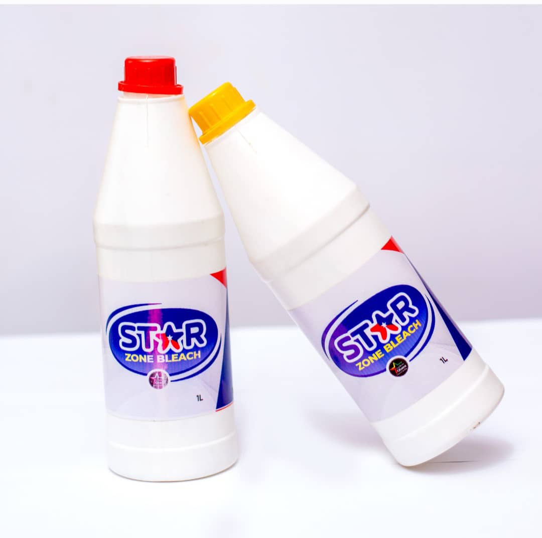 Two 1-litre bottles of STAR Zone Bleach with red and yellow caps